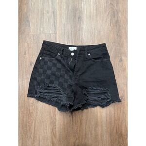 Forever 21 Black Checkerboard Ripped Denim High Waisted Shorts Size 26